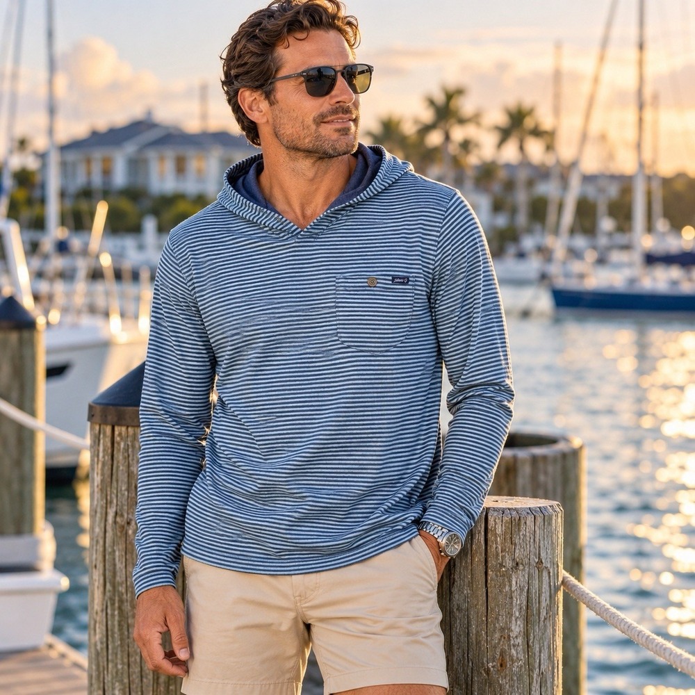 Johnnie O Grimes Hooded Long Sleeve Pullover T Shirt L Pocket Wake Blue Hoodie